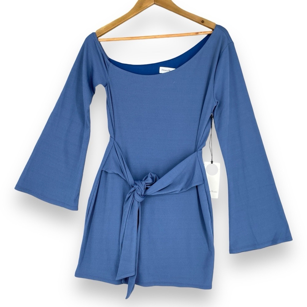 Privacy Please Dress Women M Blue Ribbed One Shoulder Bell Sleeve Tie Waist Mini